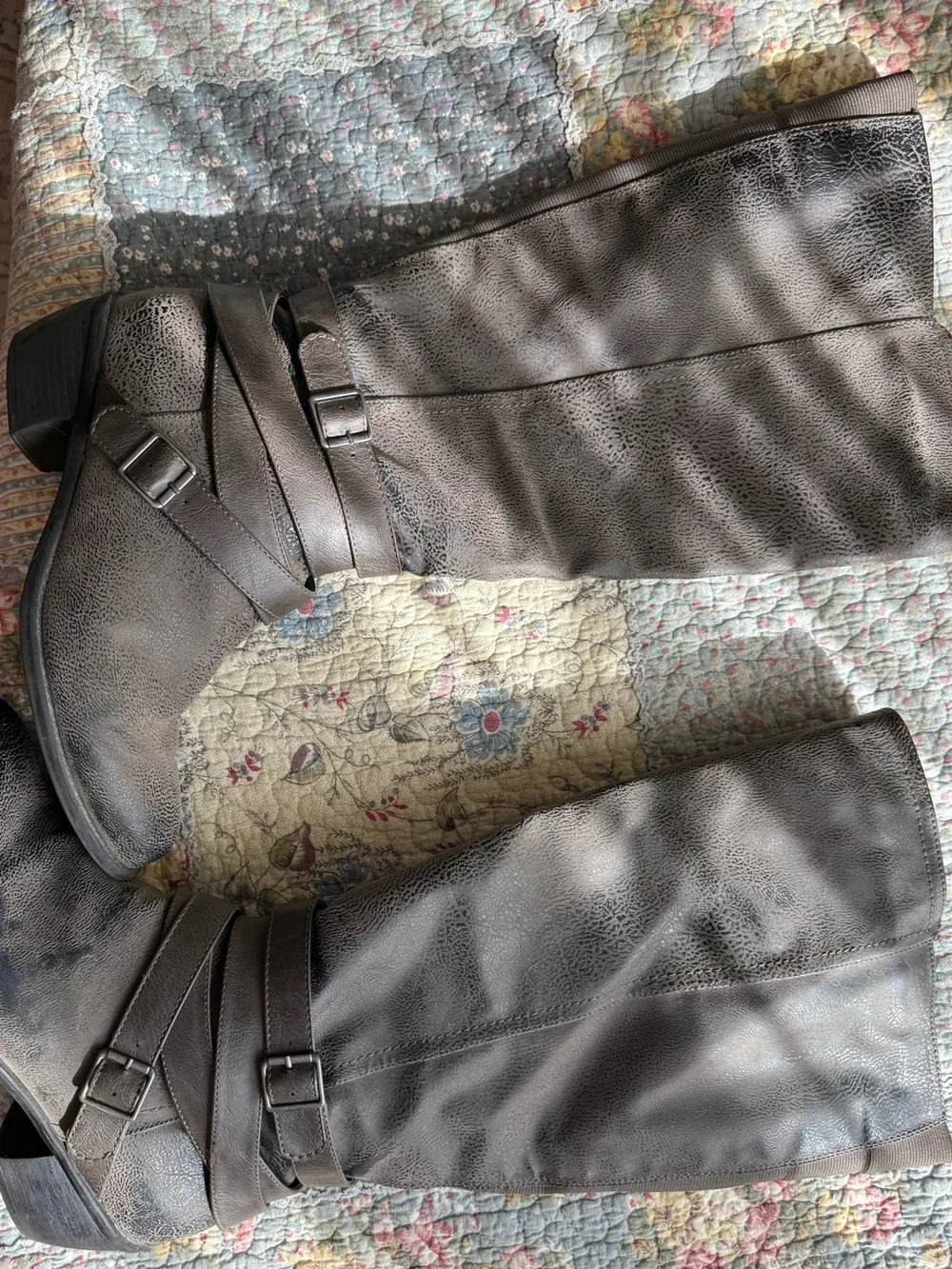 Women's Tall Gray Knee-High Riding Boots with Decorative Straps. WIDE CALF